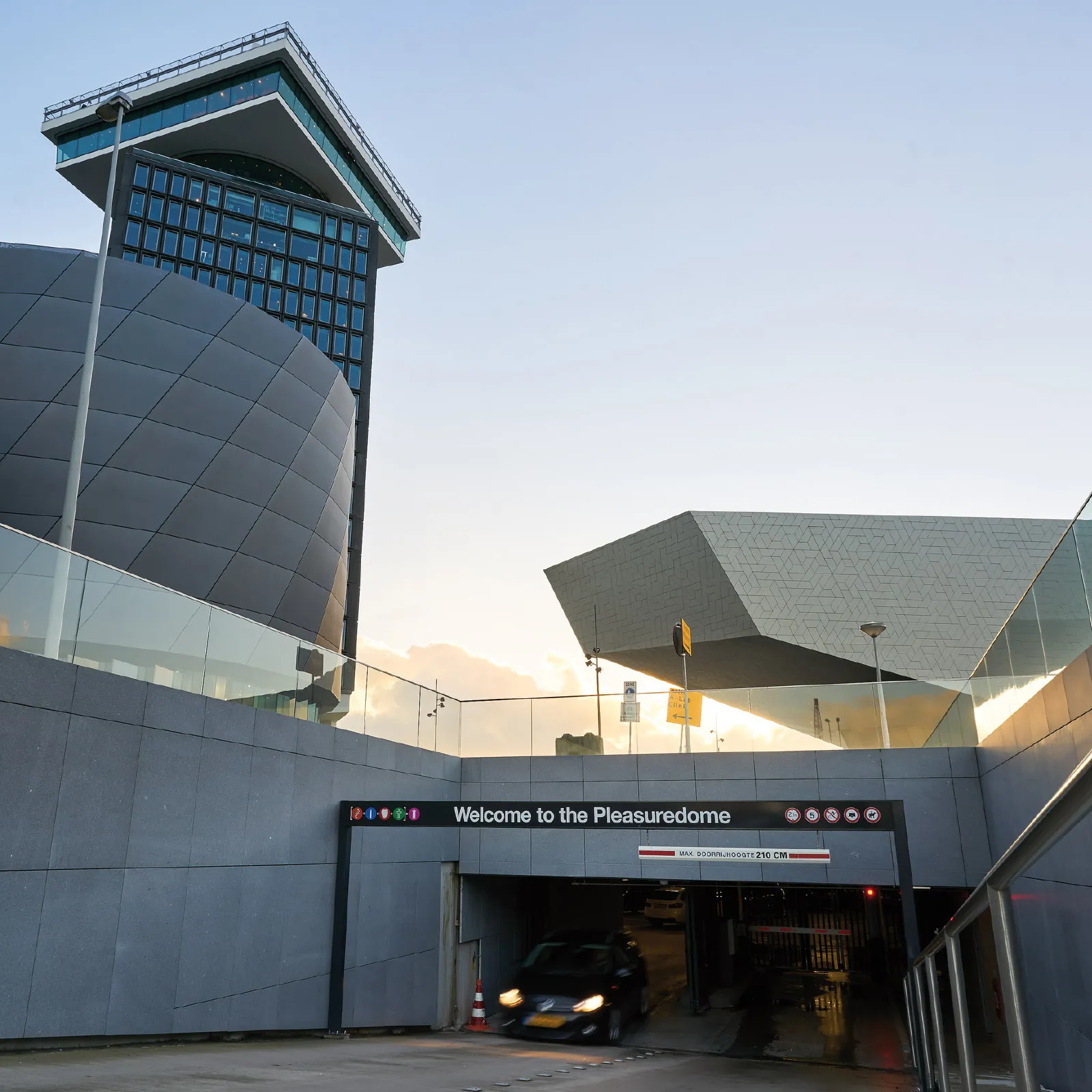 The entrance to the parking garage under the A’DAM Tower, with a maximum vehicle height of 2.10 metres